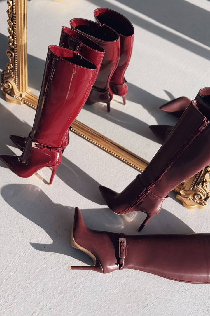 Eswod Matte Leather Buckle Detailed Burgundy Women&
