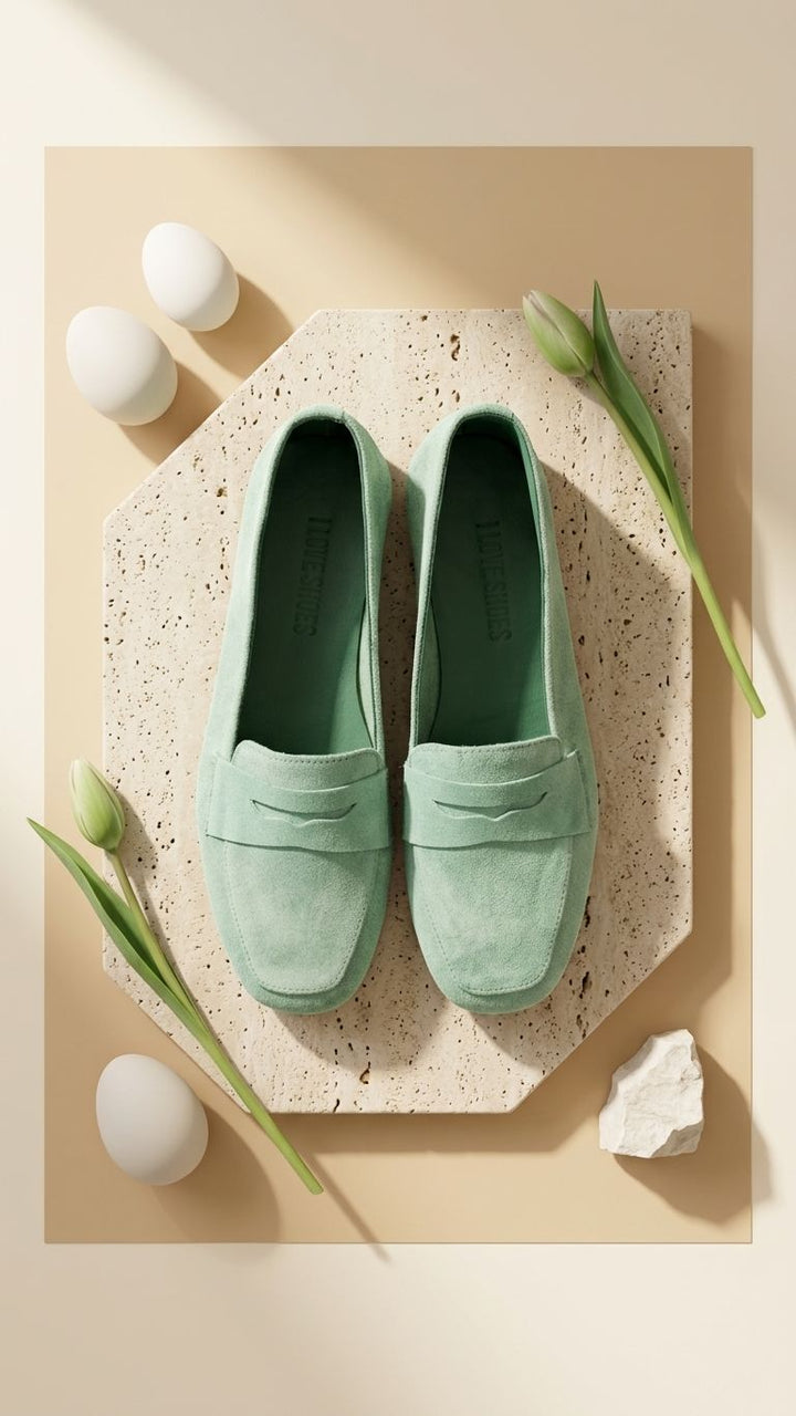 Melniel Yeşil Hakiki Süet Kadın Loafer - ILOVESHOES
