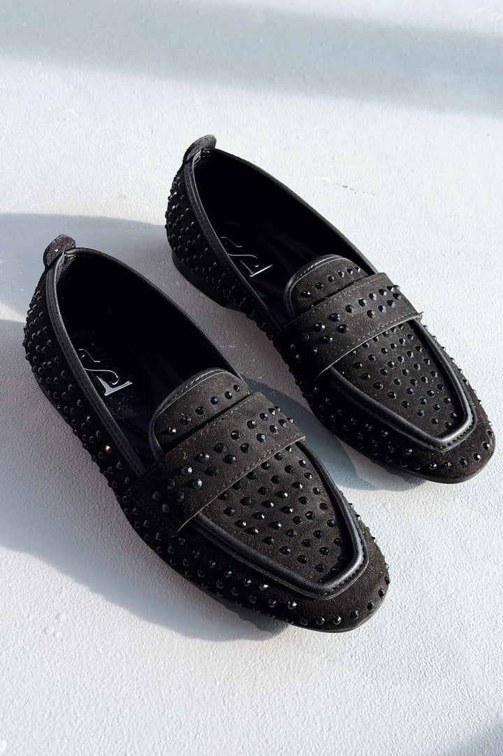 Talori Kadın Loafer Siyah Süet Siyah Taşlı - ILOVESHOES
