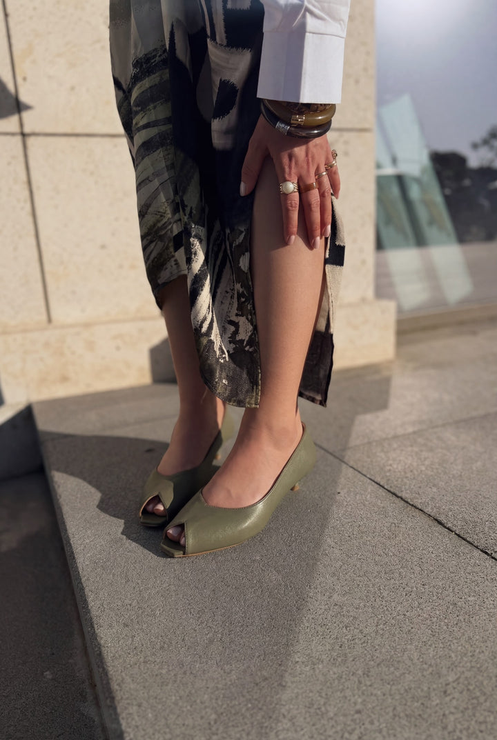 Norvion Hakiki Deri Haki Mat Deri Kadın Topuklu Ayakkabı - ILOVESHOES