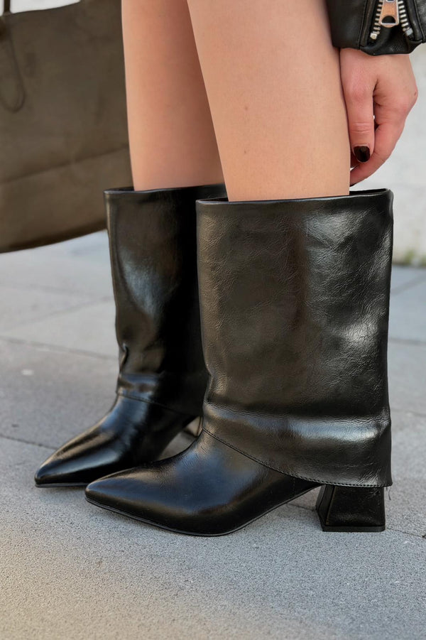 Ovelle Kadın Topuklu Bot Siyah Parlak Deri - ILOVESHOES