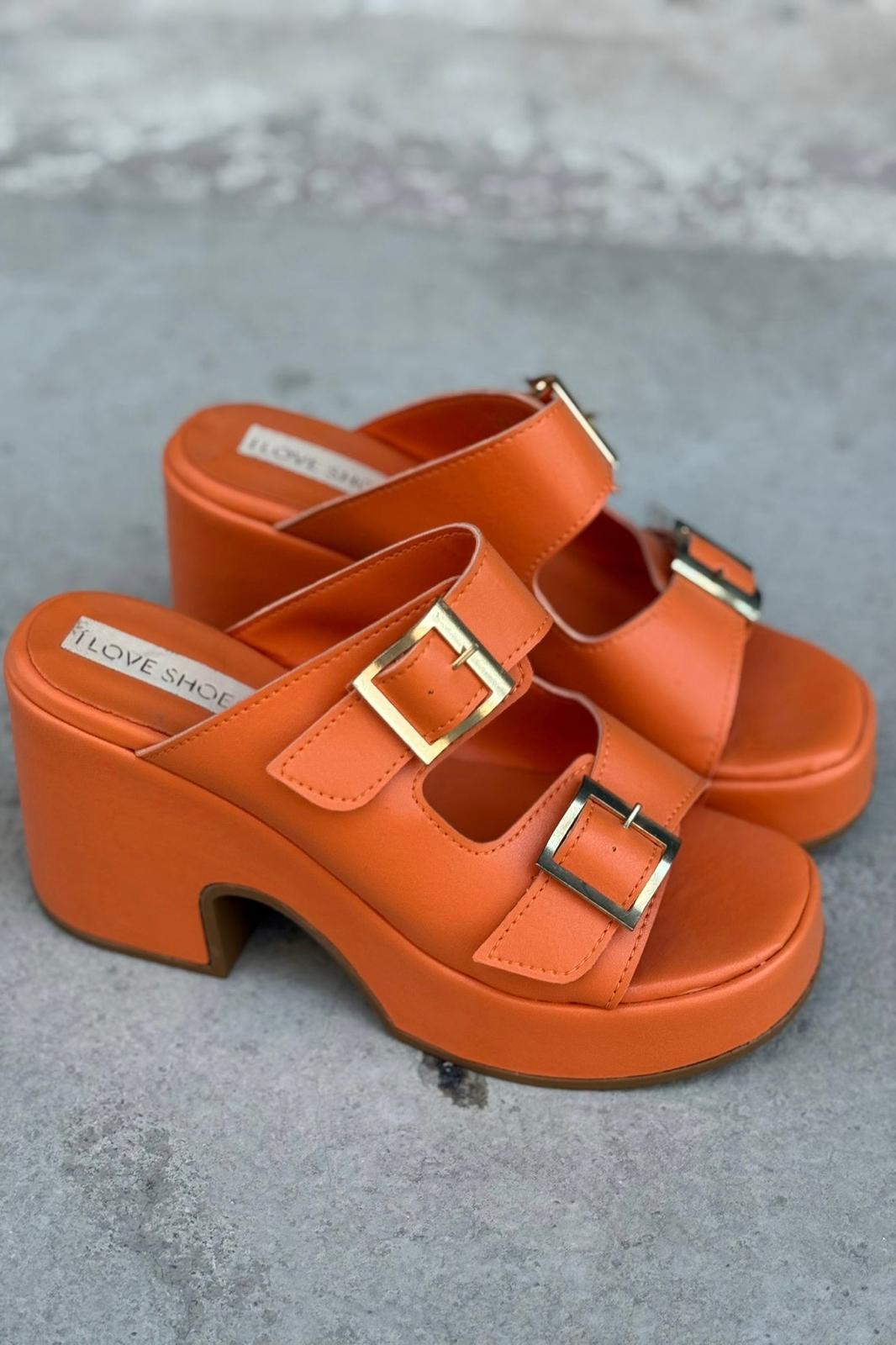 Livons Mat Deri Platform Topuklu Kadın Terlik Turuncu - ILOVESHOES