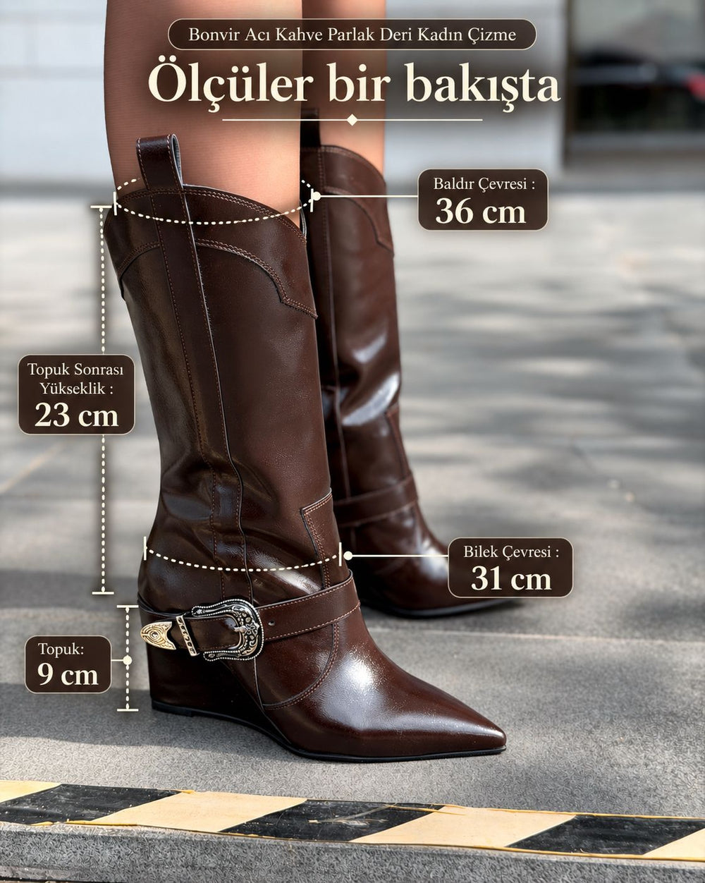 Bonvir Acı Kahve Parlak Deri Kadın Çizme - ILOVESHOES