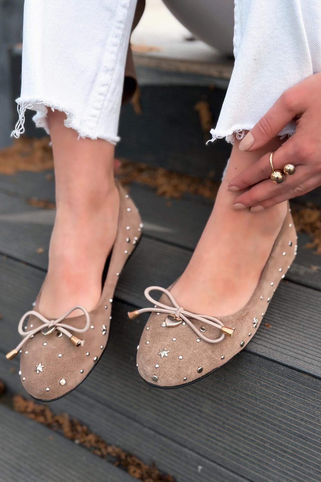 Vessa Kadın Babet Vizon Hakiki Süet Zımba Detaylı - ILOVESHOES