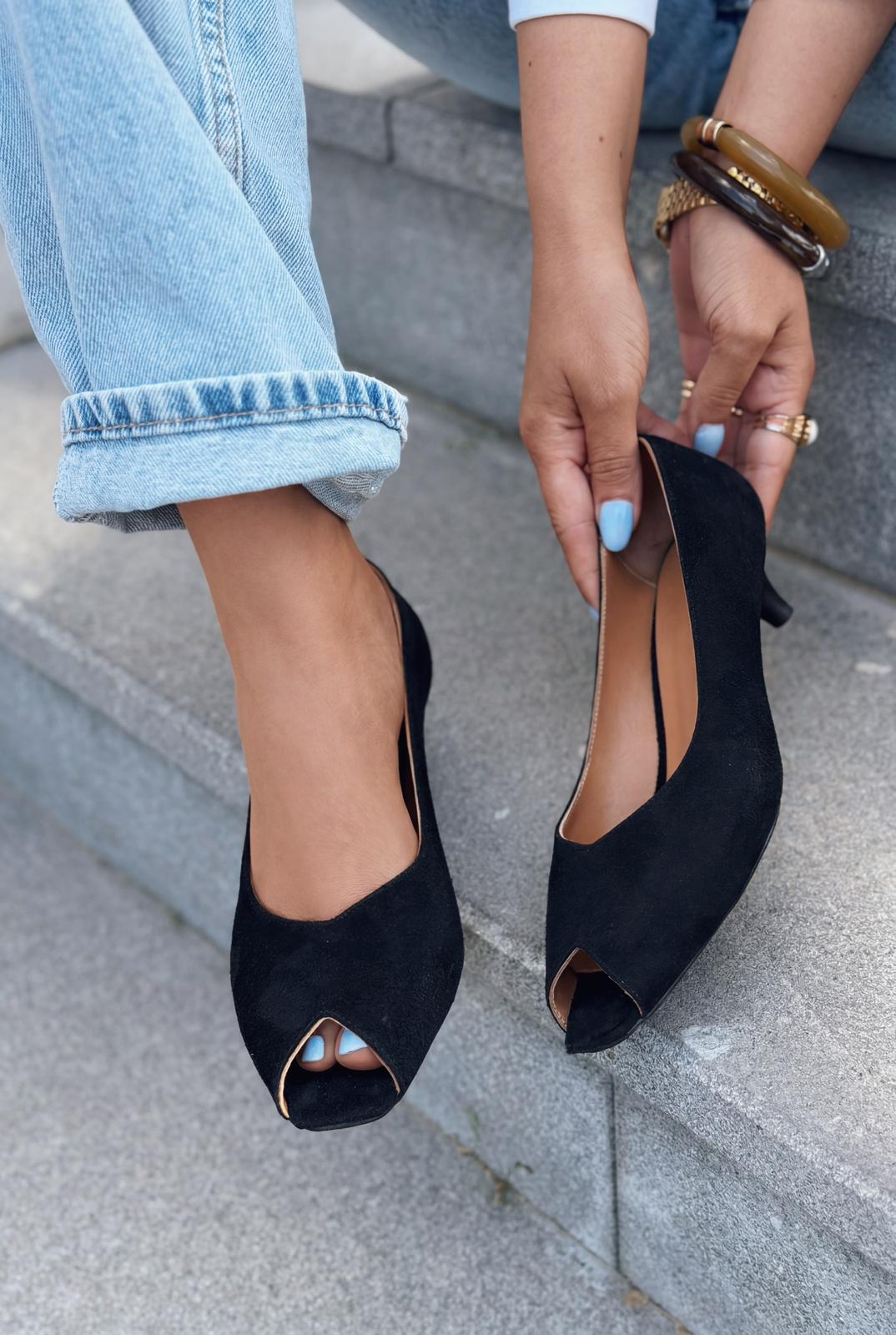 Norvion Hakiki Deri Siyah Süet Kadın Topuklu Ayakkabı - ILOVESHOES