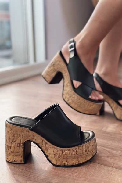 Lavina Mat Deri Siyah Platform Topuklu Terlik - ILOVESHOES