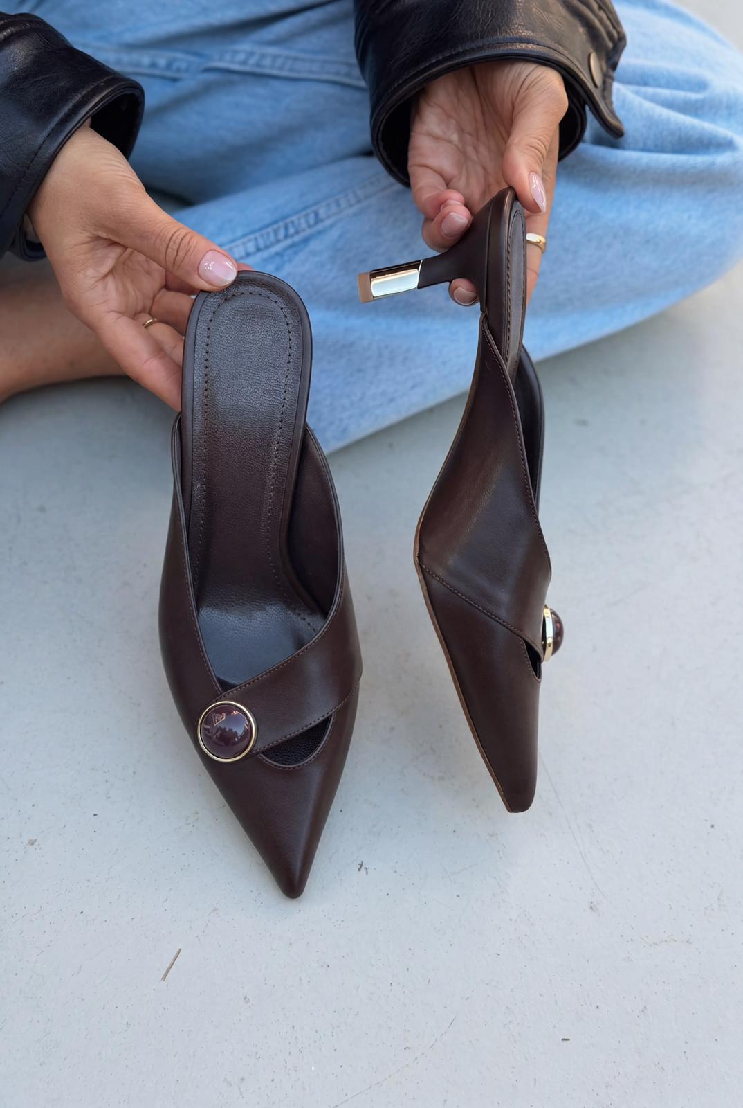 Delvor Topuklu Terlik Acıkahve Mat Deri - ILOVESHOES