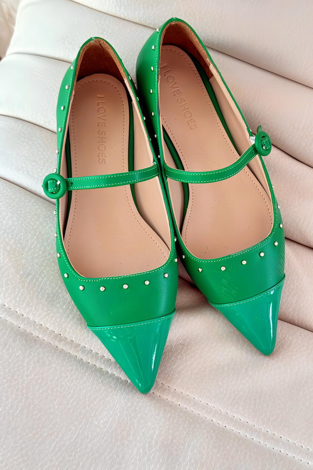 Panilo Mat Deri Zımba Detaylı Yeşil Kadın Babet - ILOVESHOES