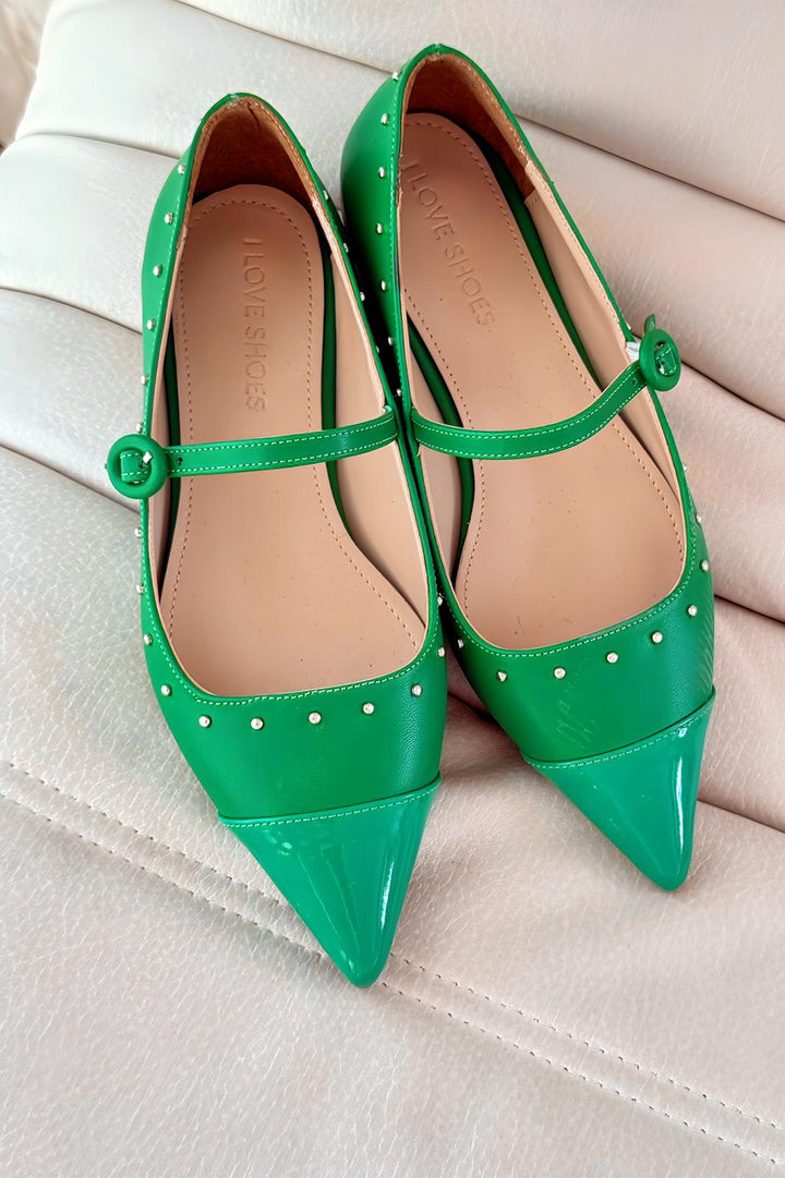 Panilo Mat Deri Zımba Detaylı Yeşil Kadın Babet - ILOVESHOES