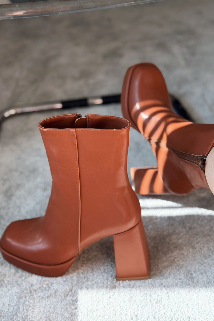 Rivoks Mat Deri Platform Topuklu Bot Taba - ILOVESHOES