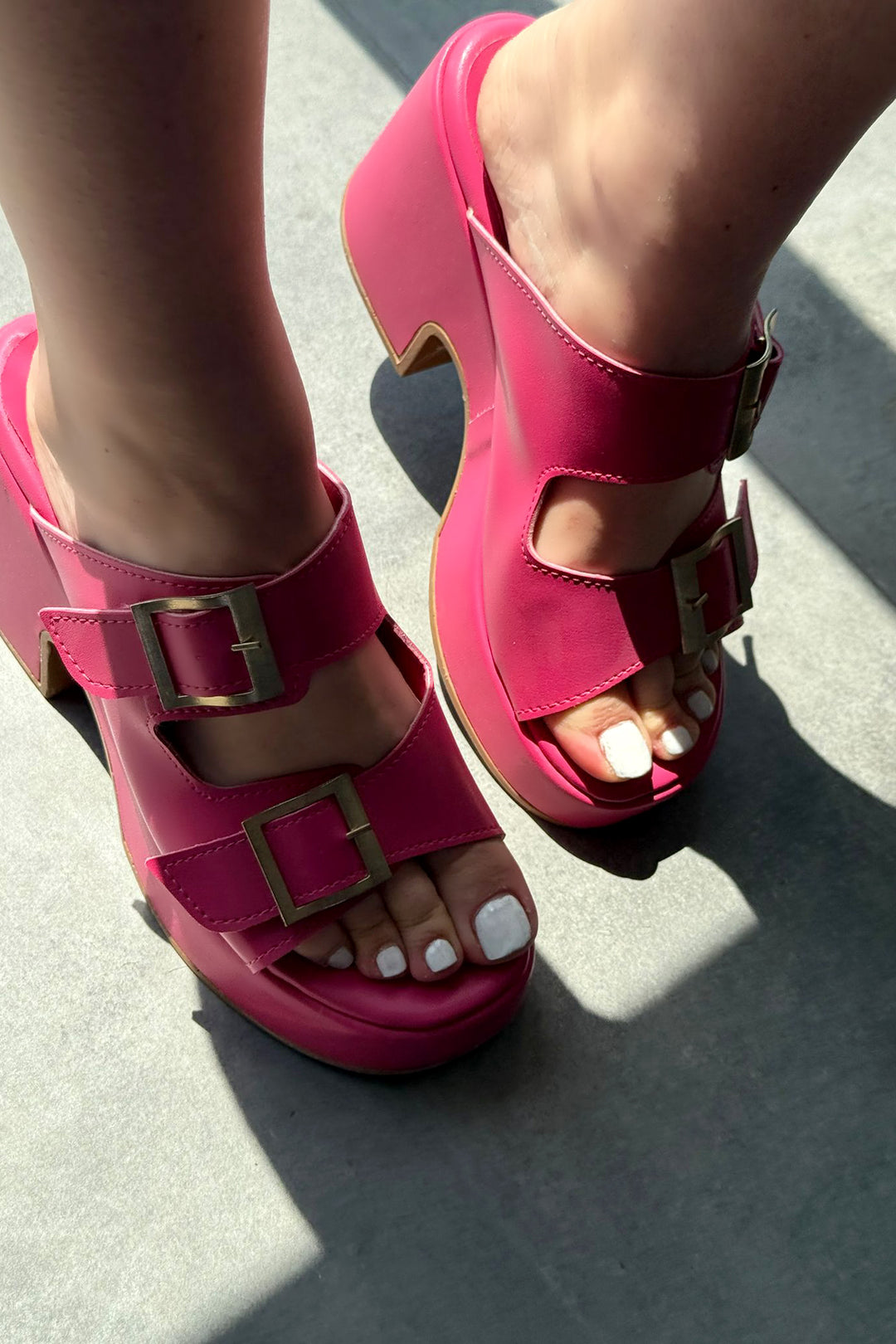 Livons Mat Deri Platform Topuklu Kadın Terlik Fuşya - ILOVESHOES