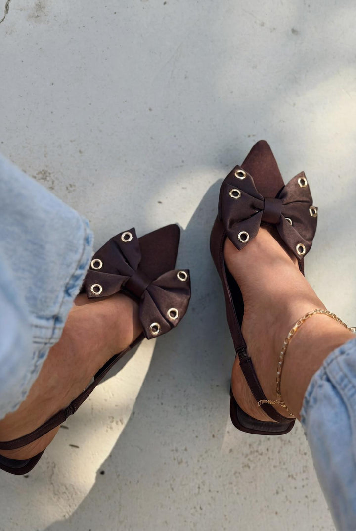 Delvonis Stiletto Acıkahve Saten Fiyonk Detaylı - ILOVESHOES