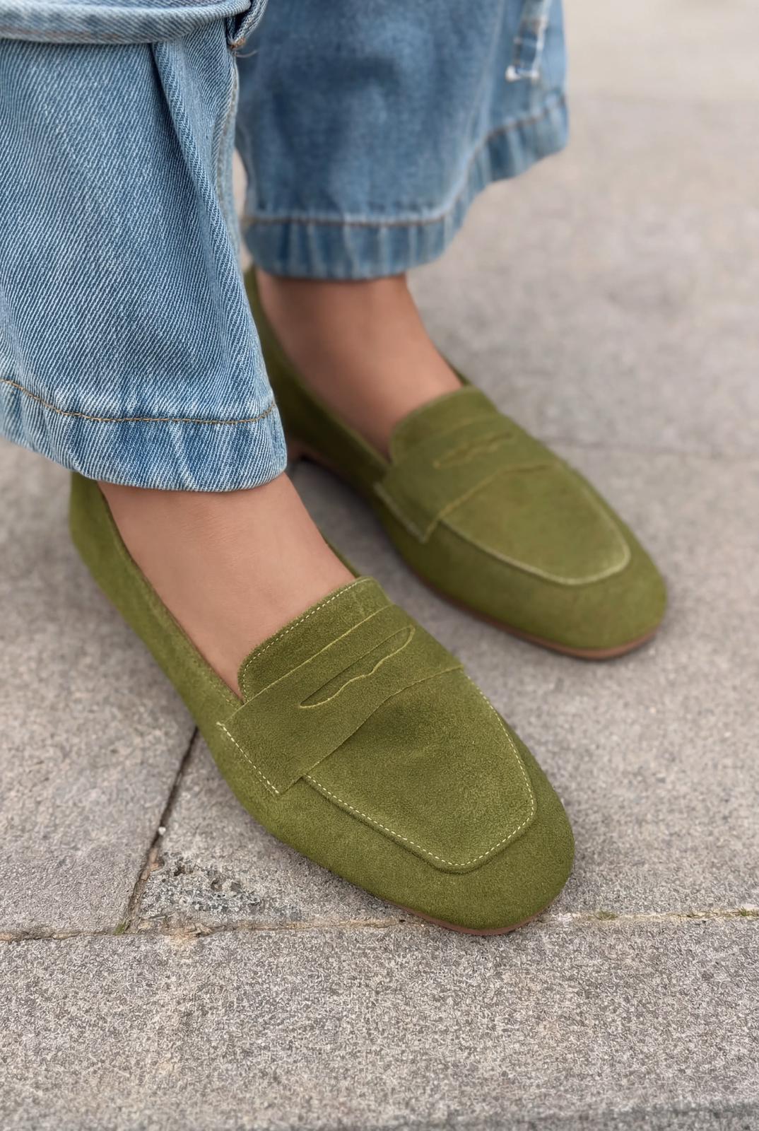 Melniel Hakiki Süet Kadın Loafer Haki - ILOVESHOES