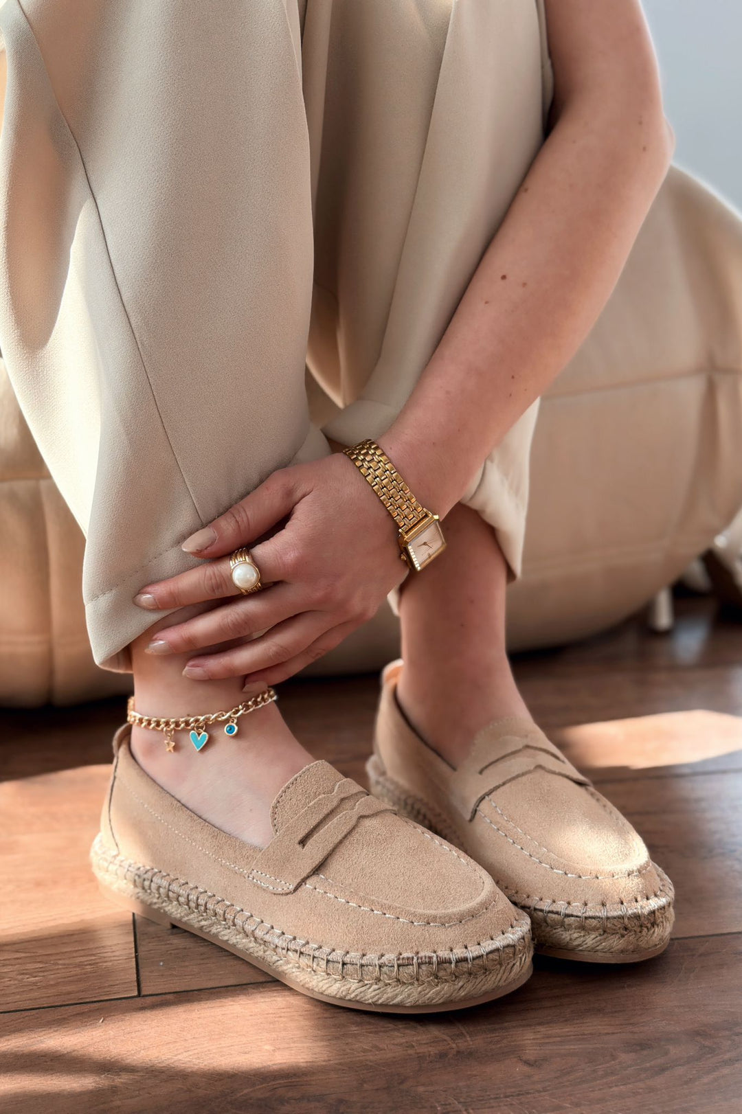 Celure Espadril Loafer Bej Hakiki Süet - ILOVESHOES