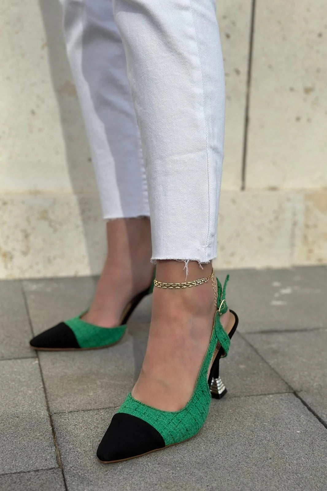 Volpina Saten Tüvit Desenli Stiletto Yeşil