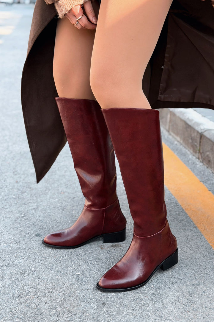 Roviles Kadın Çizme Bordo Kırışık Rugan - ILOVESHOES