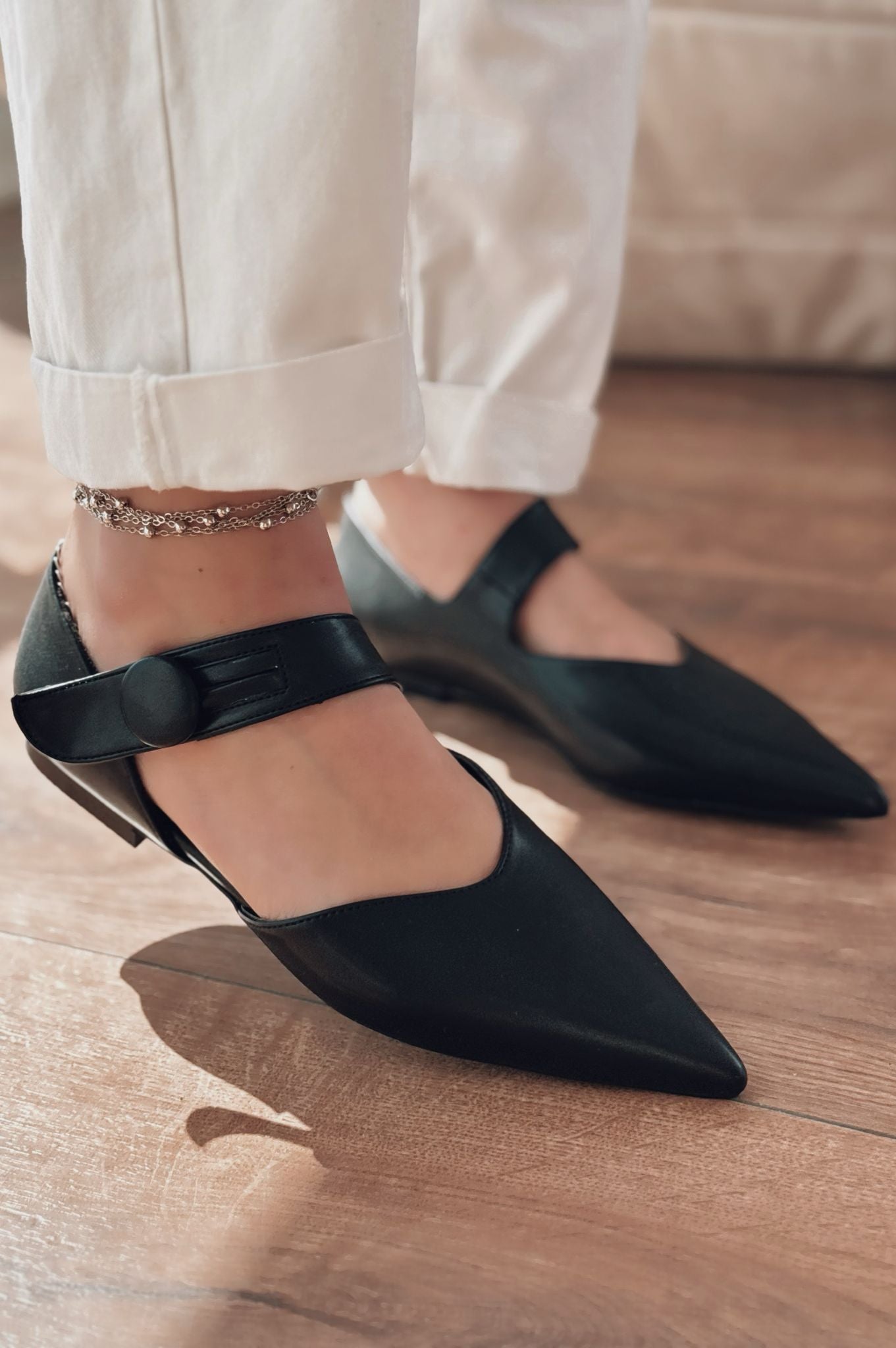 Peronsa Mat Deri Siyah Düğme Detaylı Babet - ILOVESHOES