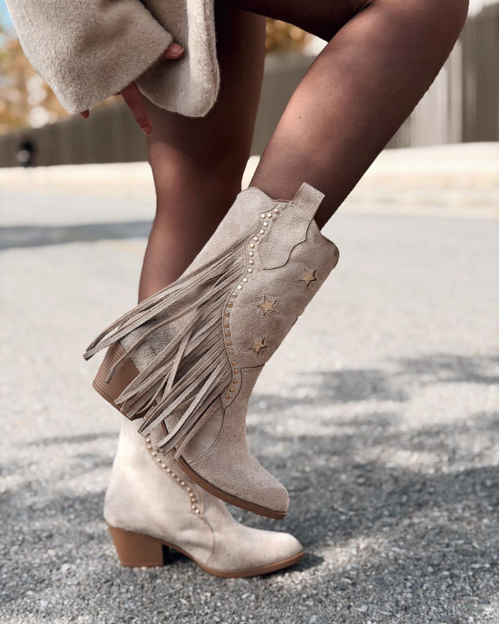 Silvene Kadın Kovboy Çizme Bej Süet - ILOVESHOES