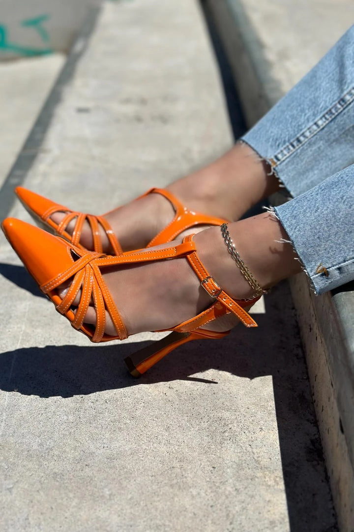 Sonedra Rugan Çapraz Bant Detaylı Stiletto Turuncu
