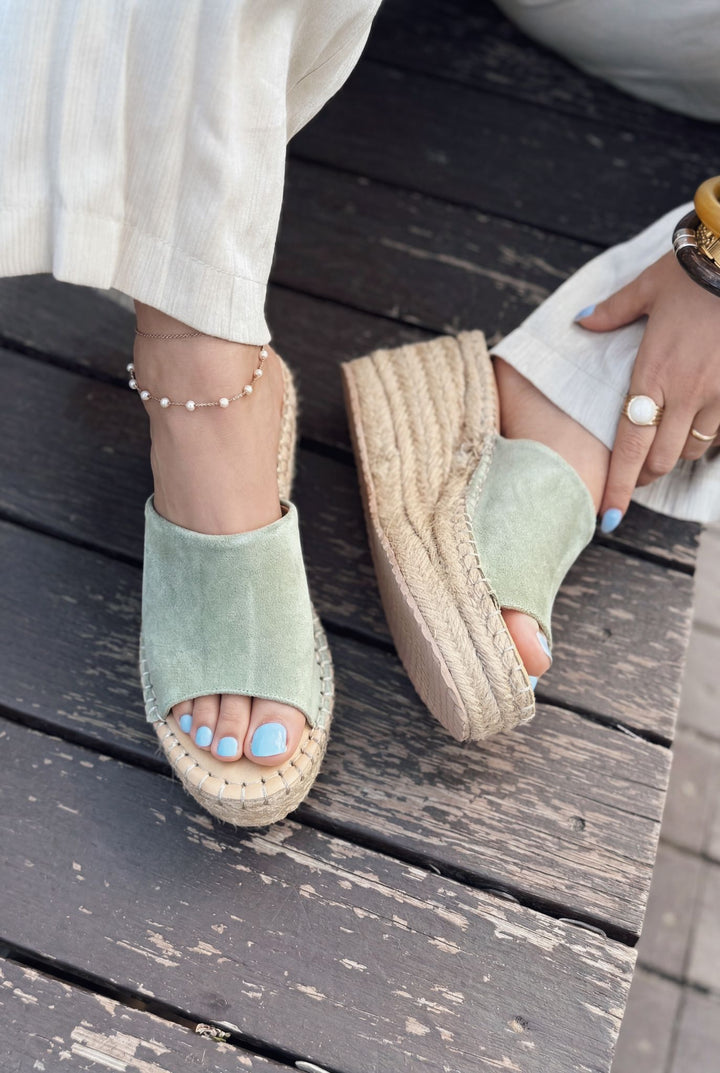 Lorver Yeşil Hakiki Süet Kadın Dolgu Topuklu Terlik - ILOVESHOES