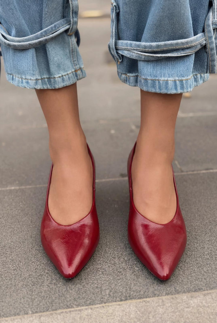 Seranis Hakiki Deri Stiletto Bordo Kırışık Rugan - ILOVESHOES