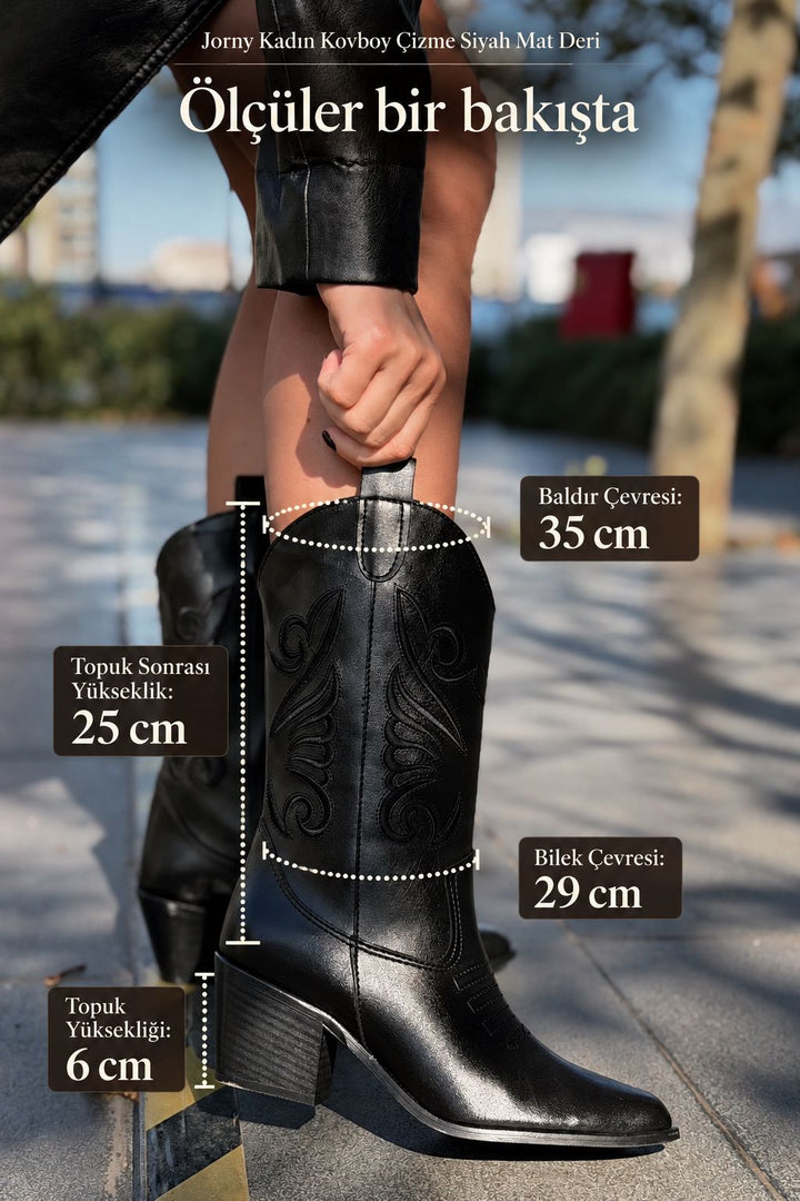 Jorny Kadın Kovboy Çizme Siyah Mat Deri - ILOVESHOES