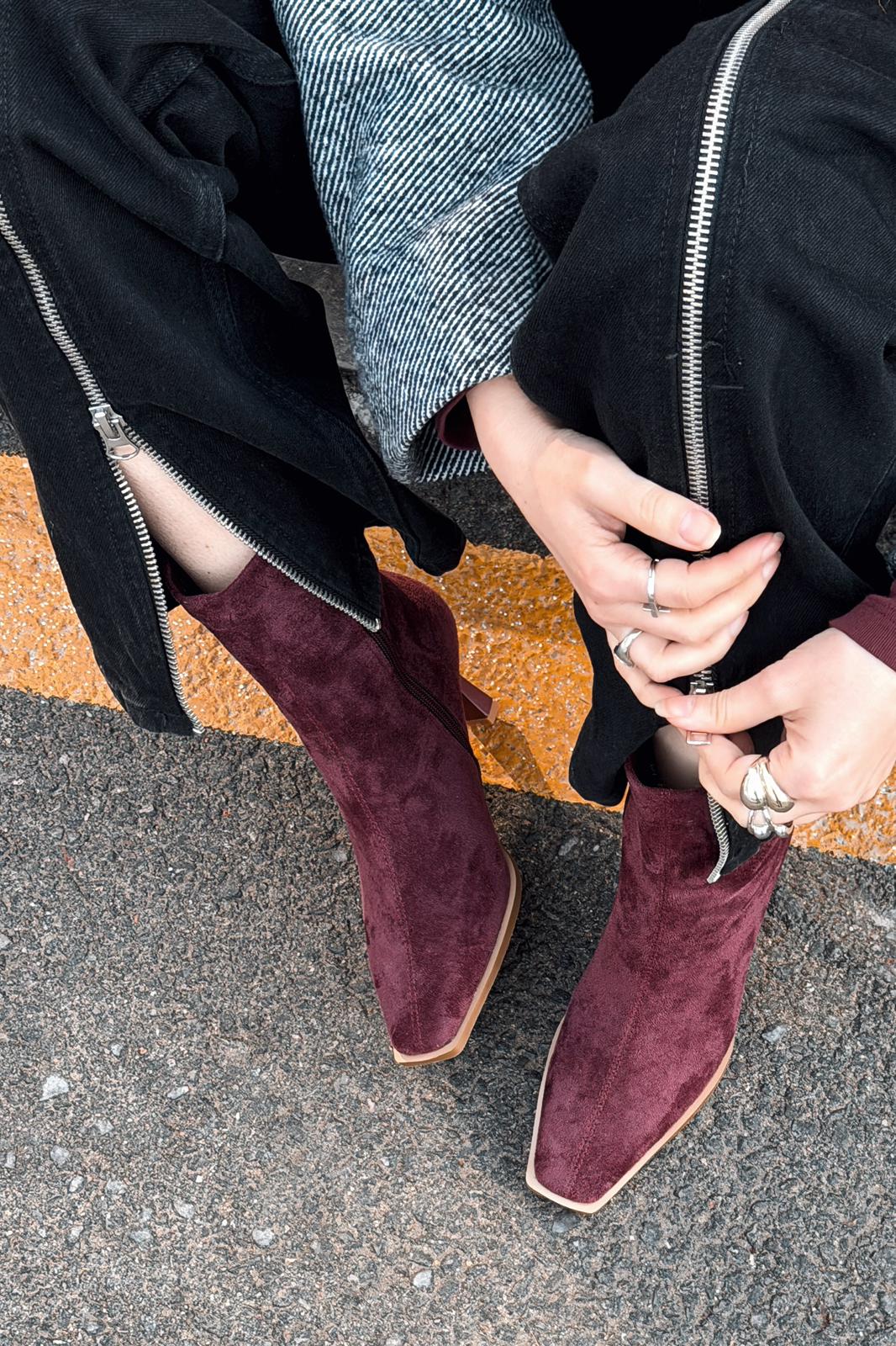 Alderie Kadın Topuklu Bot Bordo Süet - ILOVESHOES