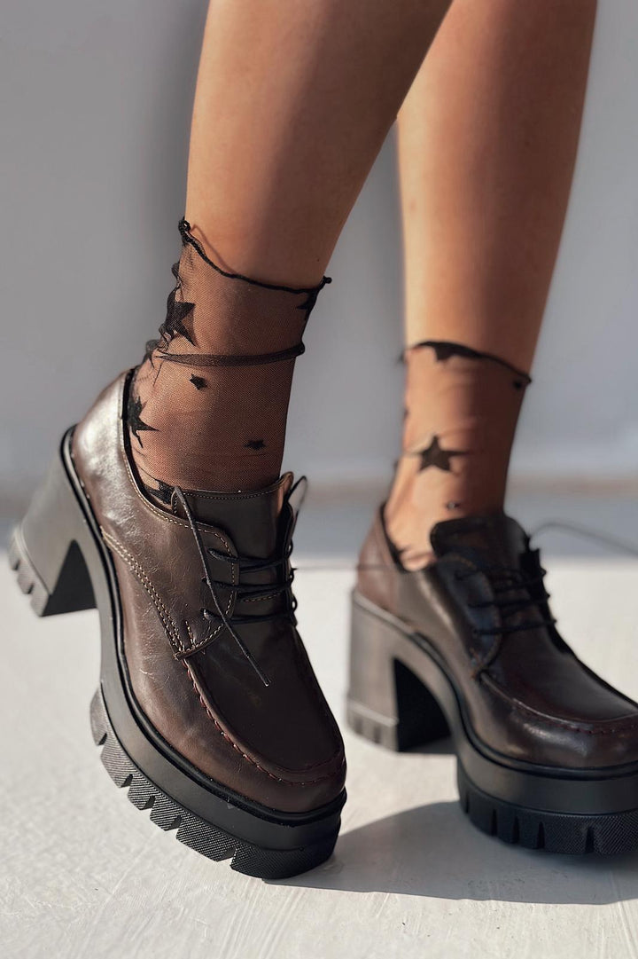 Sapetos Kalın Taban Topuklu Kadın Loafer Acı Kahve Mat Rugan - ILOVESHOES