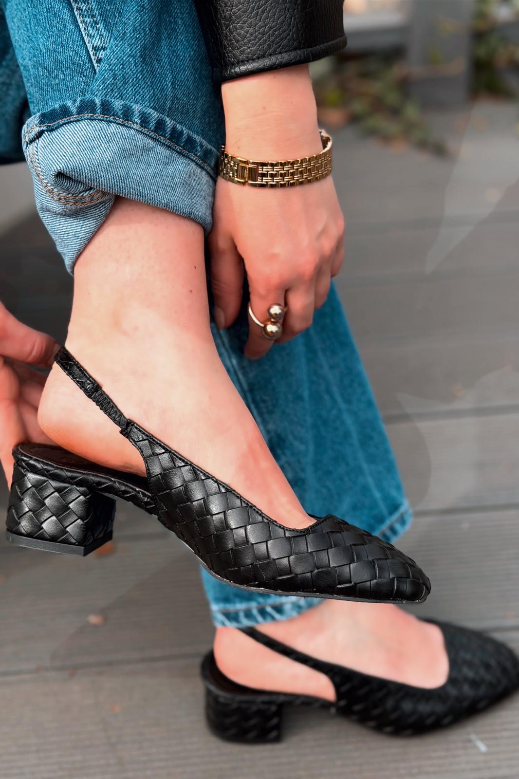 Solen Mary jane Topuklu Ayakkabı Siyah Mat Deri Örgü Detaylı - ILOVESHOES