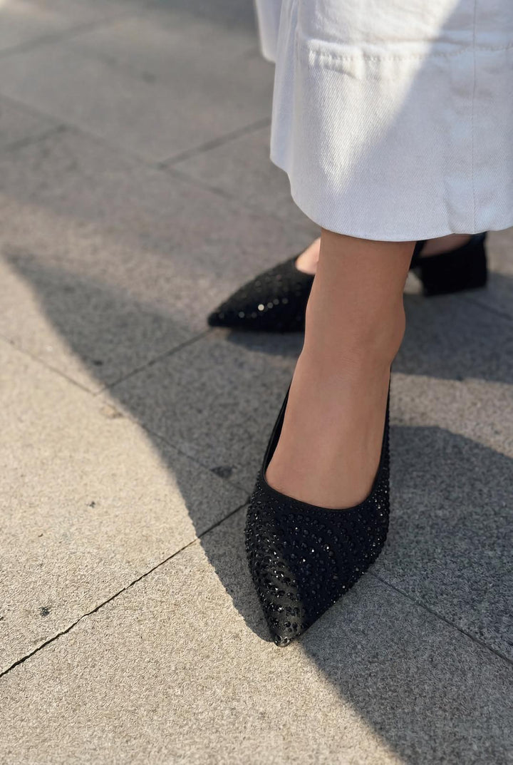 Dunes Topuklu Ayakkabı Siyah Saten Siyah Taşlı - ILOVESHOES