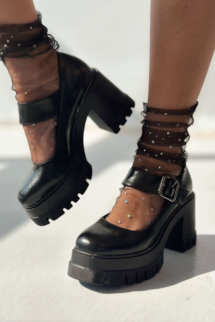 Solea Kalın Taban Topuklu Mary Jane Siyah Mat Deri - ILOVESHOES