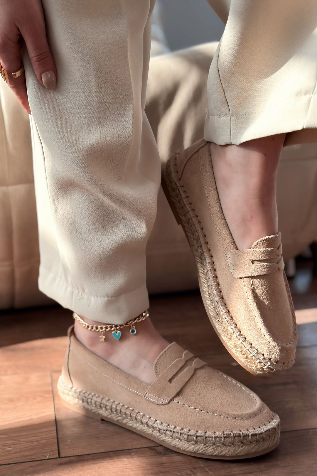 Celure Espadril Loafer Bej Hakiki Süet - ILOVESHOES