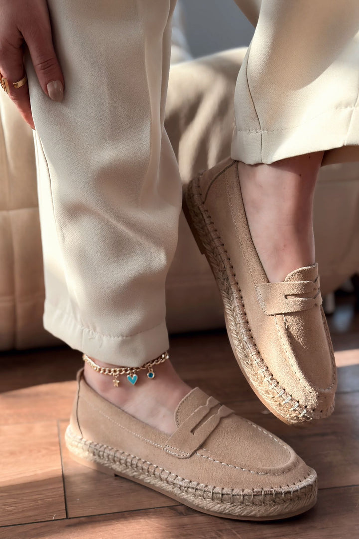 Celure Espadril Loafer Bej Hakiki Süet - ILOVESHOES