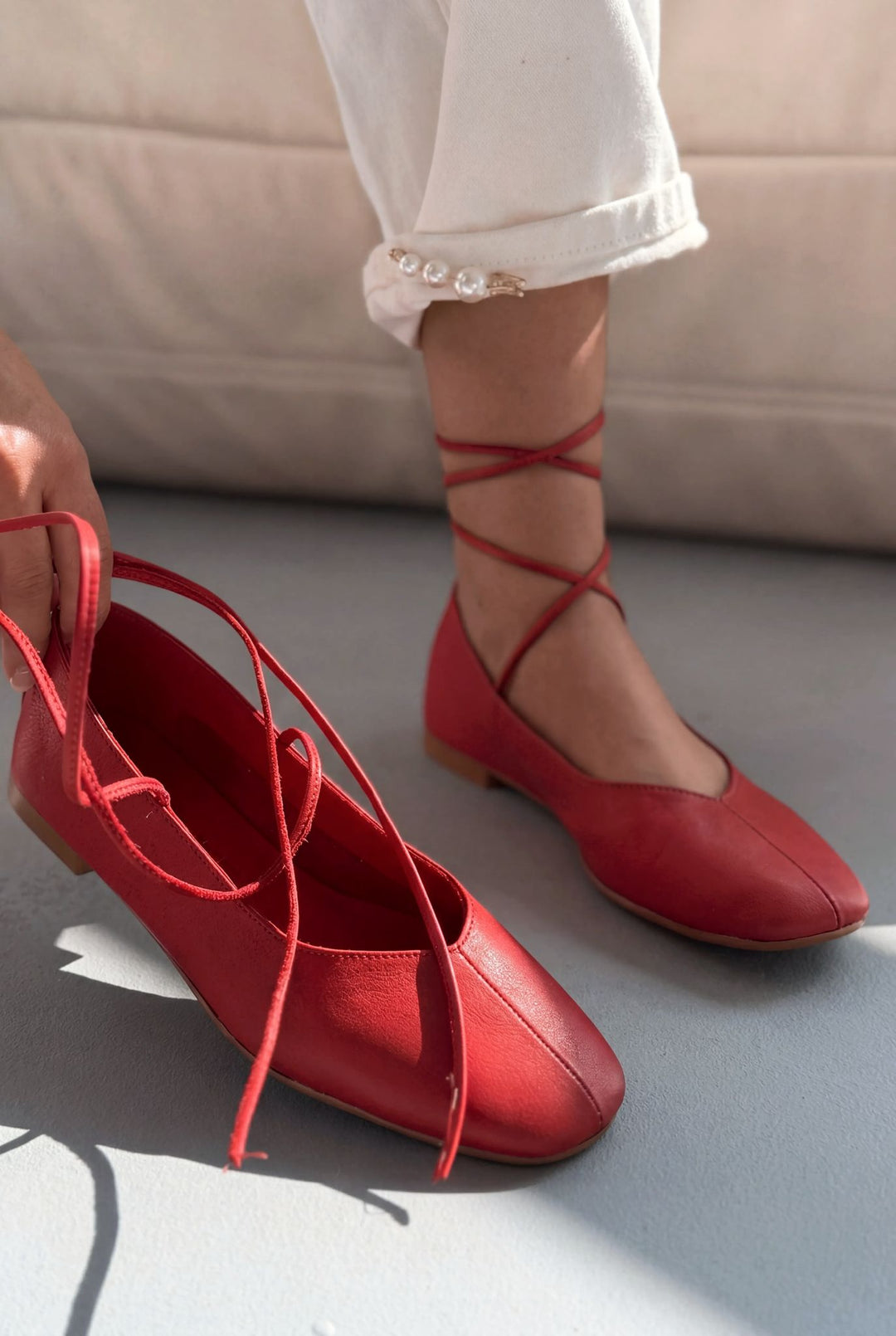 Morven Hakiki Deri Kırmızı Kadın Babet - ILOVESHOES