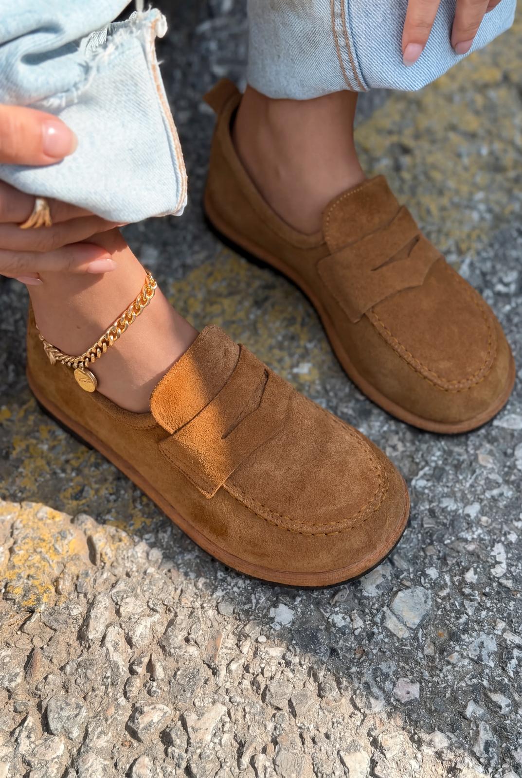 Marion Hakiki Süet Kadın Loafer Taba - ILOVESHOES