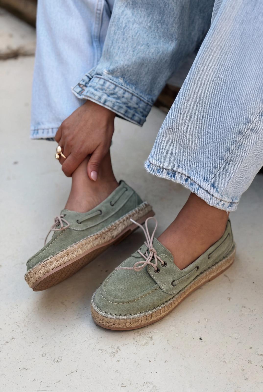 Selora Bağcıklı Espadril Yeşil Hakiki Süet - ILOVESHOES