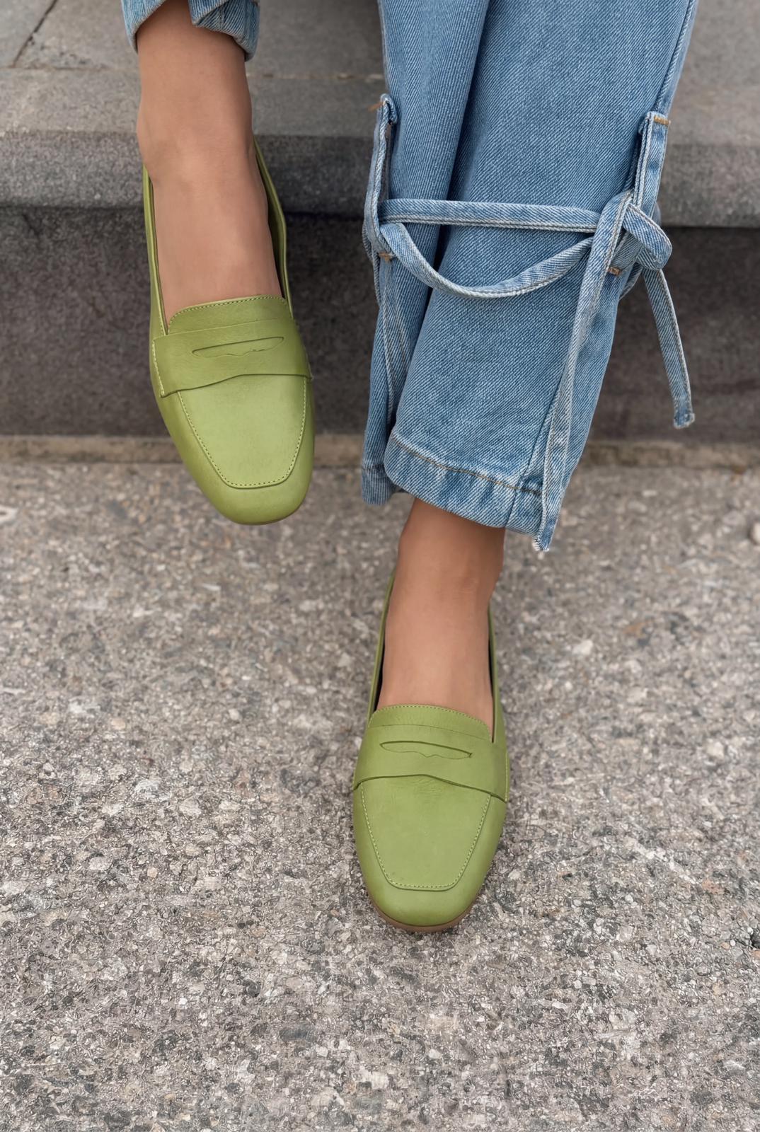 Melniel Hakiki Deri Kadın Loafer Yeşil - ILOVESHOES