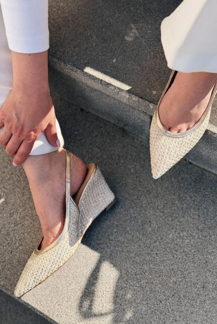 Solthera Gold Hasır Örgü Kadın Stiletto - ILOVESHOES