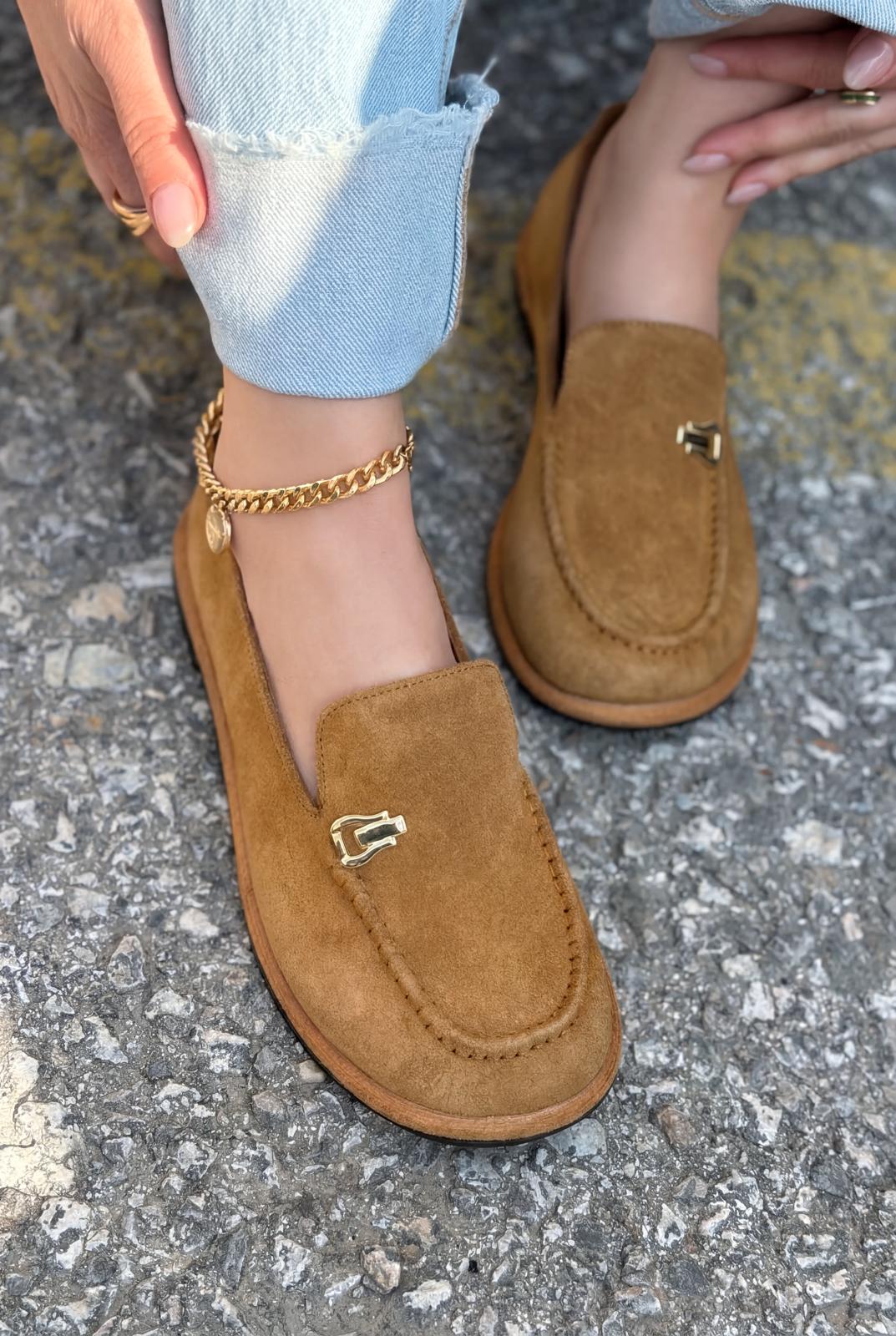 Rasen Hakiki Süet Kadın Loafer Taba - ILOVESHOES