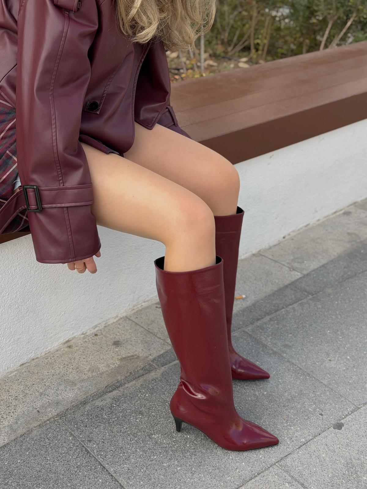 Remni Kadın Topuklu Çizme Bordo Kırışık Rugan - ILOVESHOES