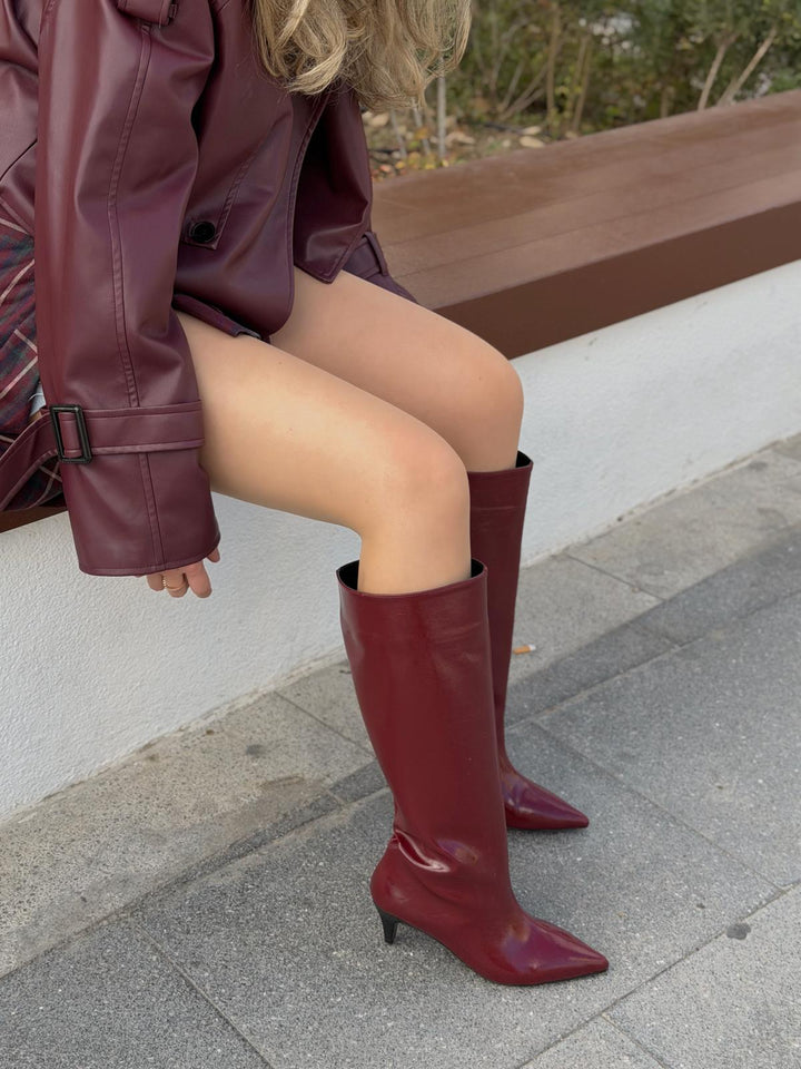 Remni Kadın Topuklu Çizme Bordo Kırışık Rugan - ILOVESHOES