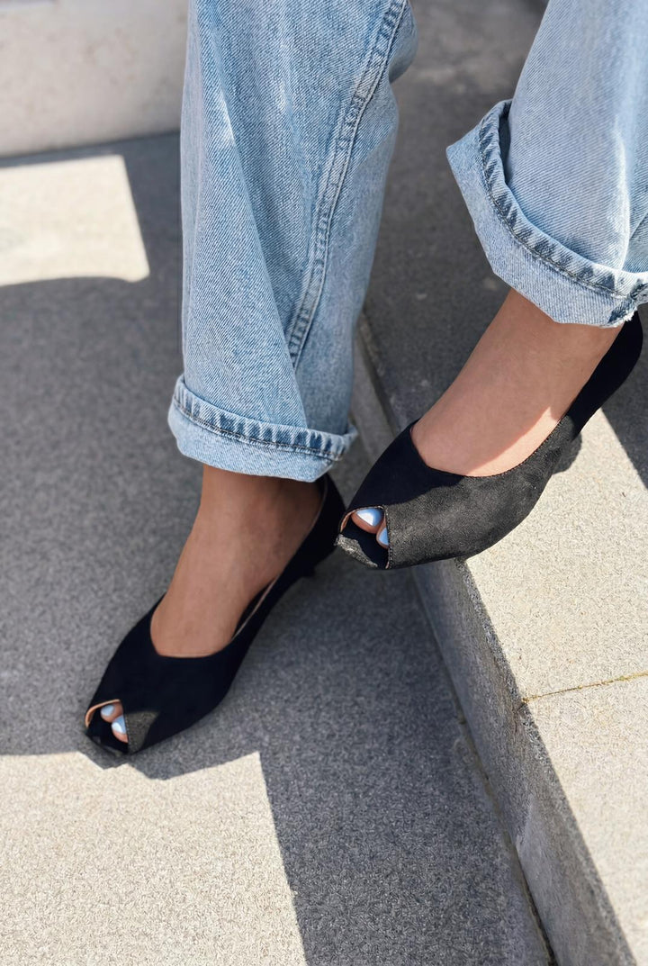 Norvion Hakiki Deri Siyah Süet Kadın Topuklu Ayakkabı - ILOVESHOES