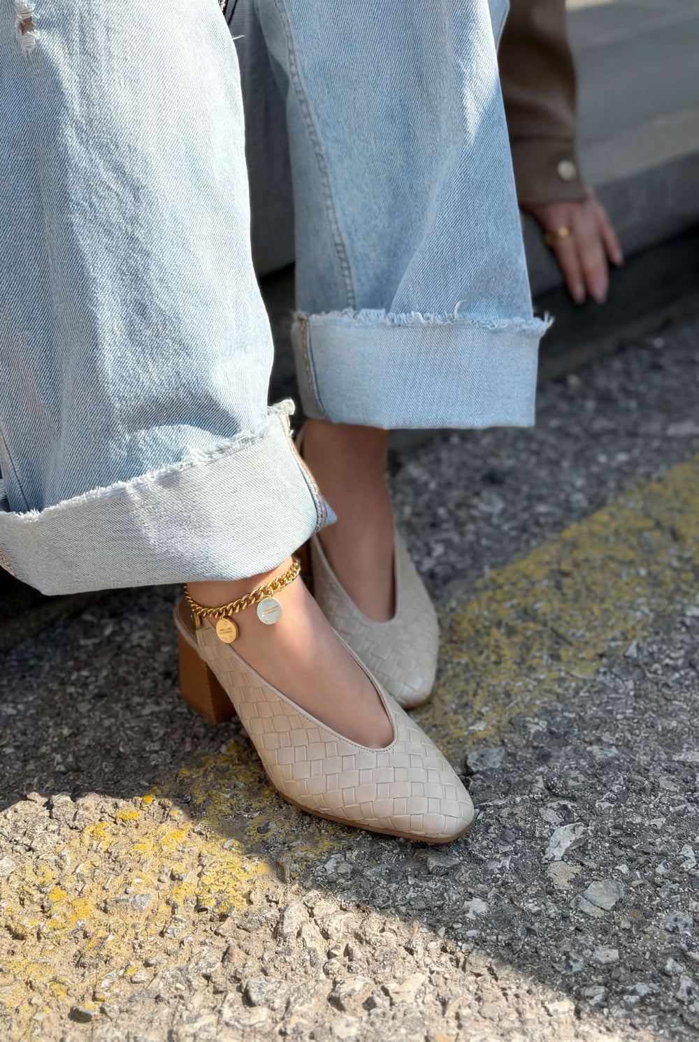 Meladina Topuklu Ayakkabı Bej Mat Deri Örgü Desenli - ILOVESHOES