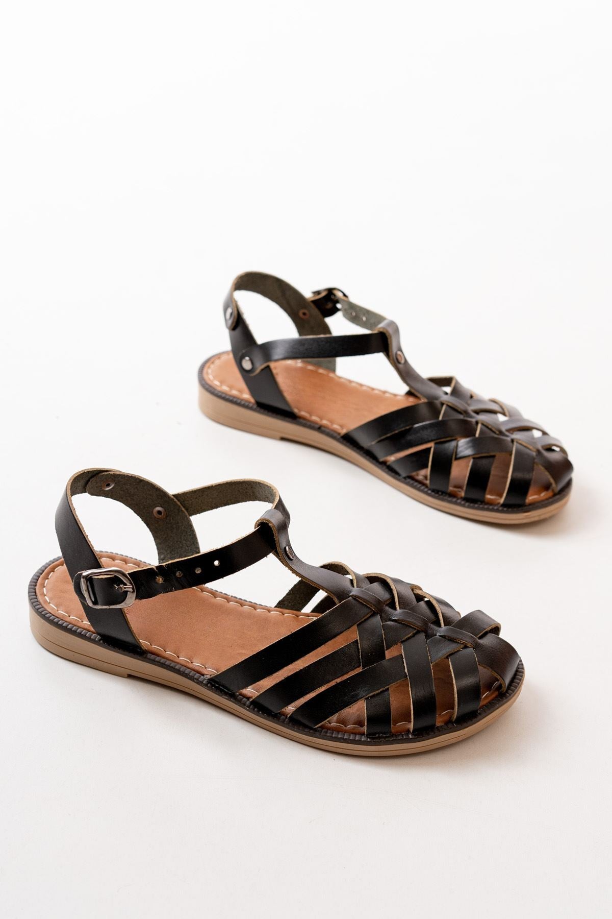 Halvion Hakiki Deri Siiyah Kadın Sandalet - ILOVESHOES
