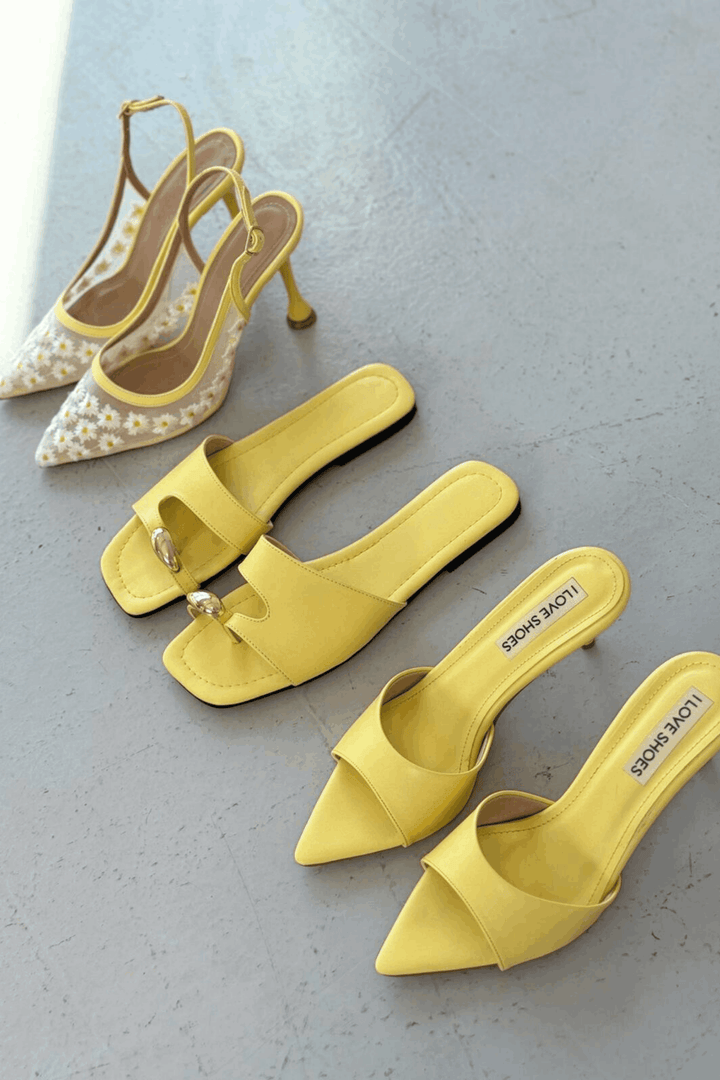 Velto Mat Deri Sarı Parmak Arası Kadın Terlik - ILOVESHOES