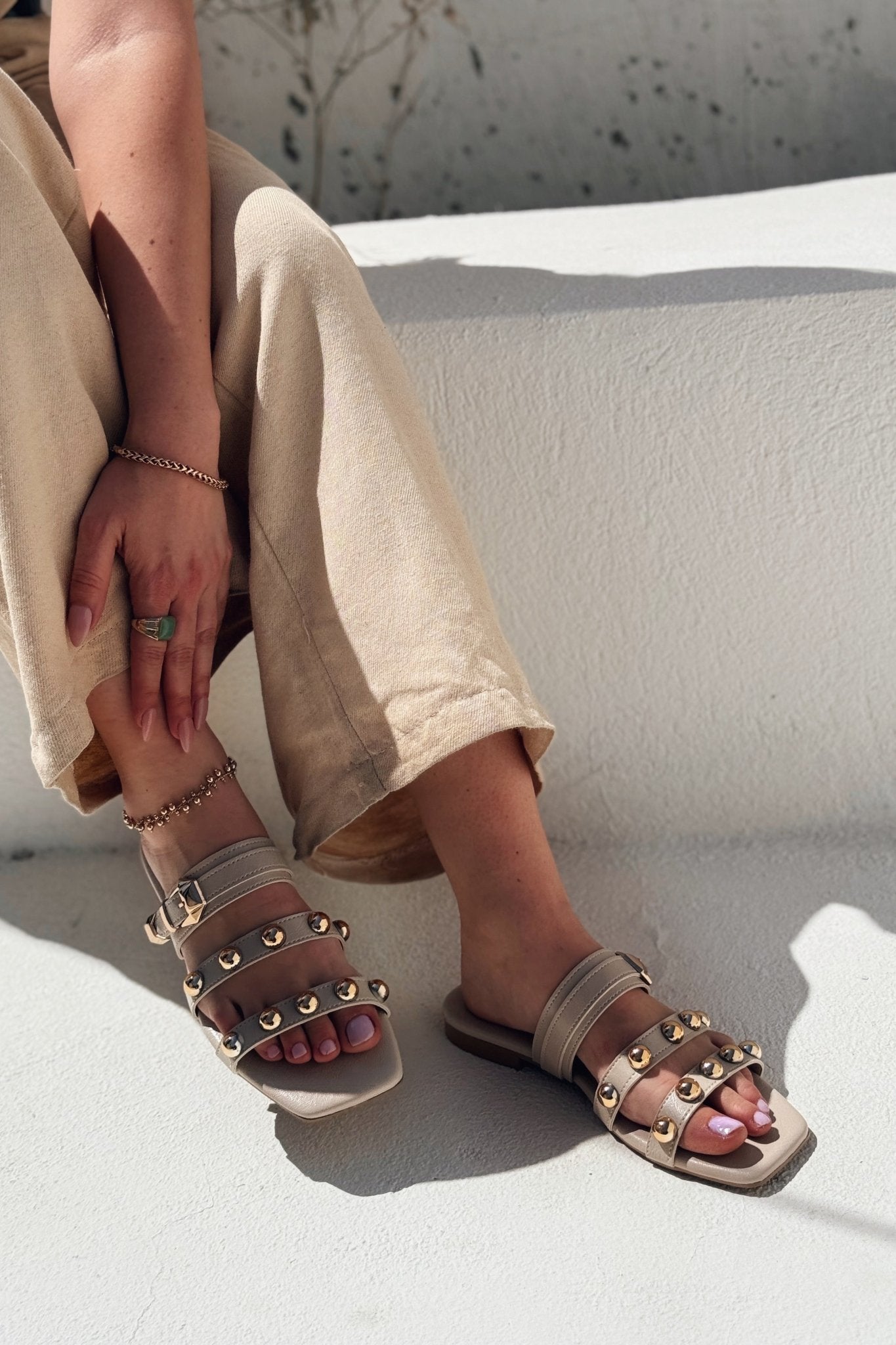 Dawist Mat Deri Bej Troklu Düz Kadın Terlik - ILOVESHOES