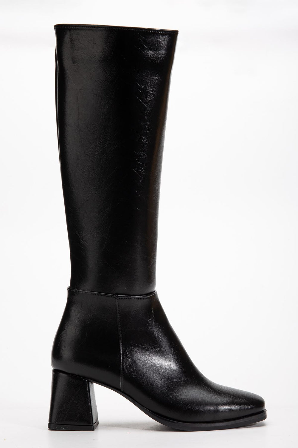 Lorisen Kadın Topuklu Çizme Siyah Kırışık Rugan - ILOVESHOES