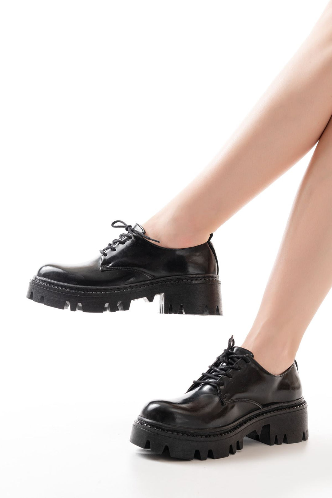 Junix Siyah Rugan Bağcıklı Günlük Yüksek Tabanlı Loafer Ayakkabı - ILOVESHOES