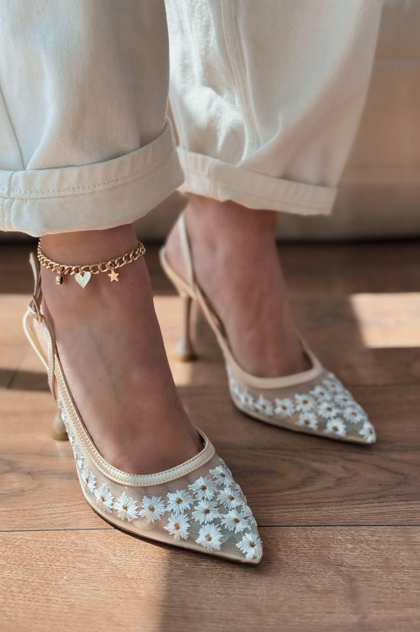 Dasewi Tül Bej Papatya Desenli Stiletto - ILOVESHOES