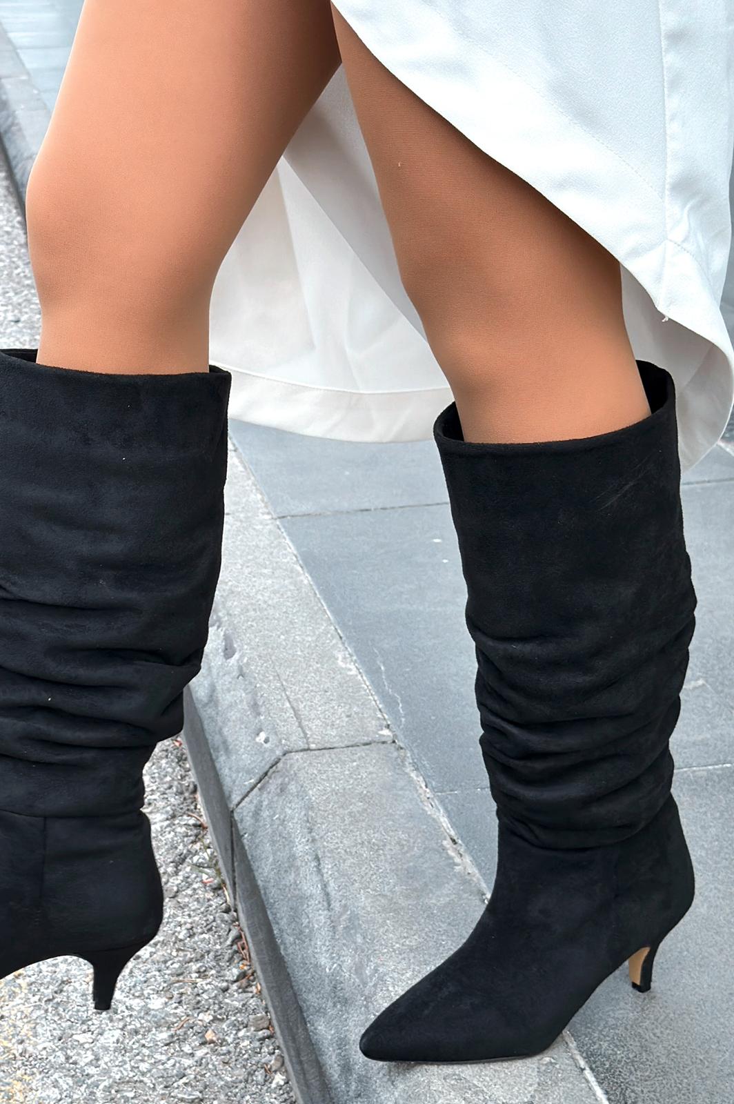 Sollet Siyah Süet Körüklü İnce Topuklu Günlük Kadın Çizme - ILOVESHOES